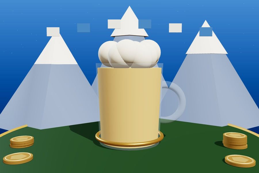 3D beer stein with foam in front of snowy mountains