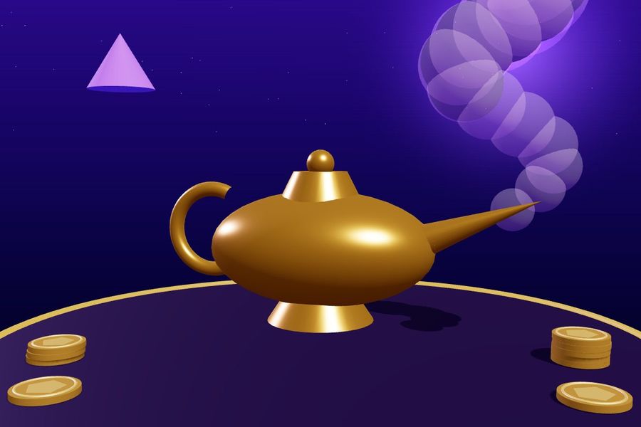 3D golden magic lamp with violet smoke