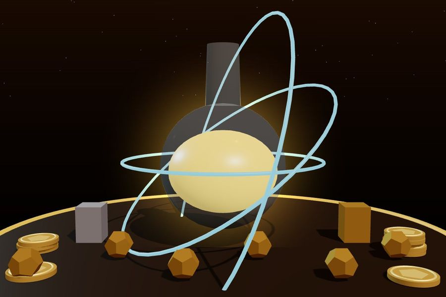 3D glass flask of glowing gold with orbit rings and gold nuggets