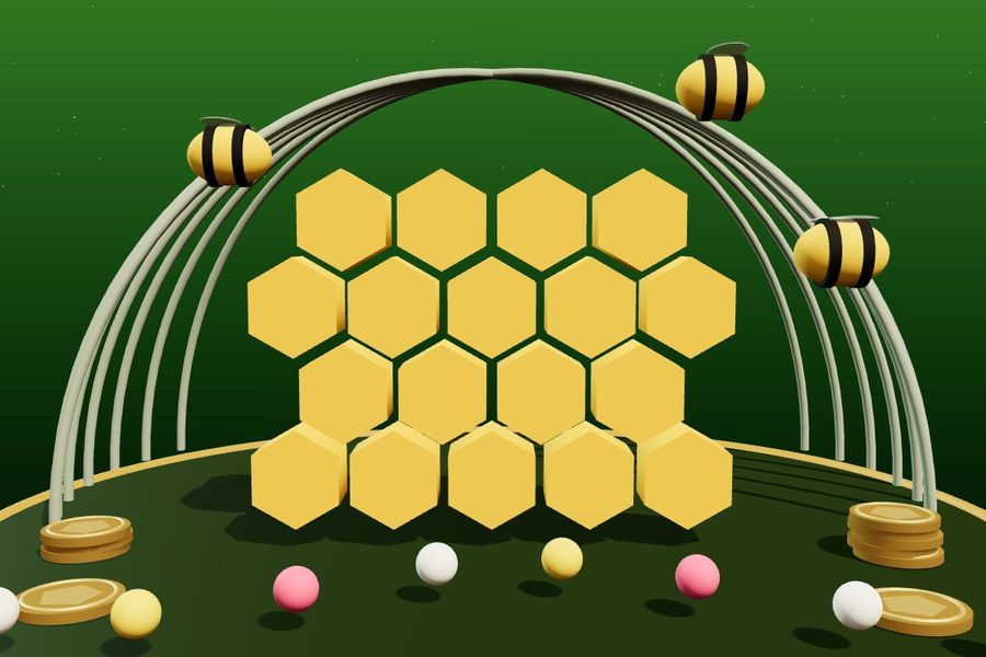 3D golden honeycomb with bees inside a greenhouse arch
