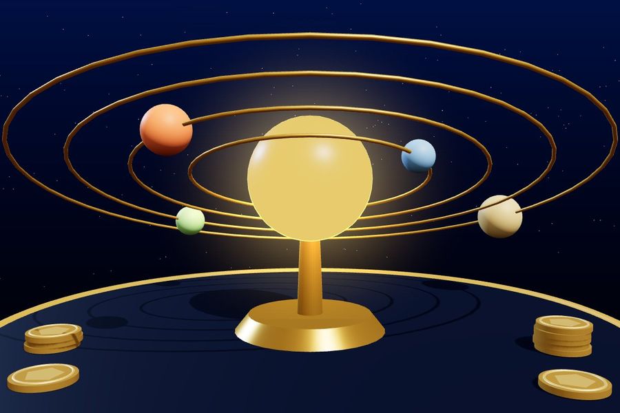 3D brass orrery with planets on orbit rings