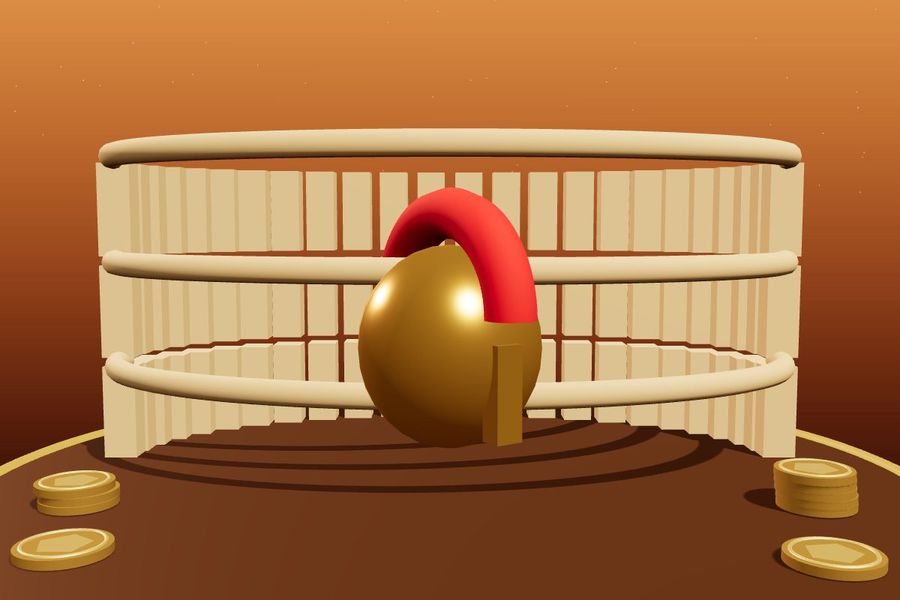 3D gold gladiator helmet with red crest inside a colosseum