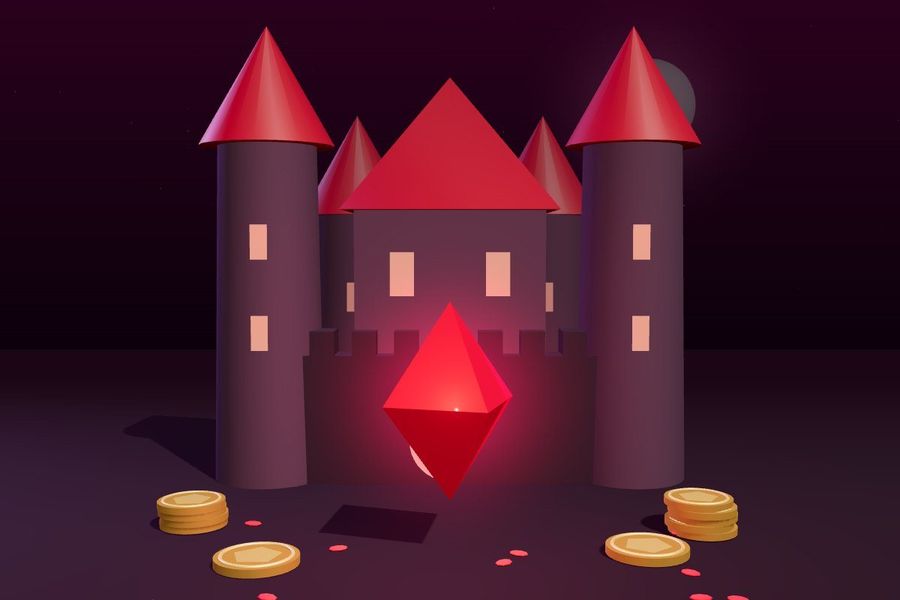 3D gothic castle with red towers and a glowing red gem