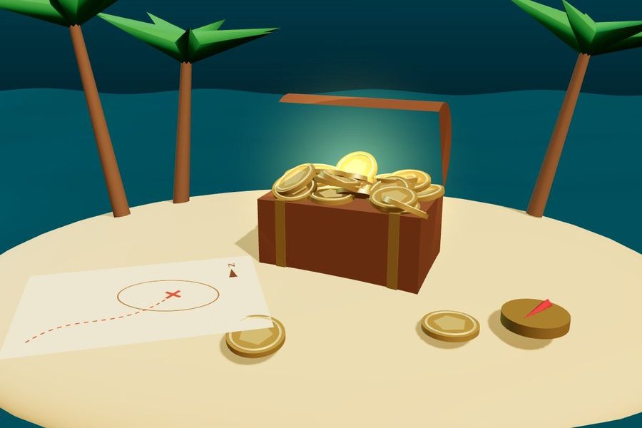 3D treasure chest full of gold coins on an island with a map and compass