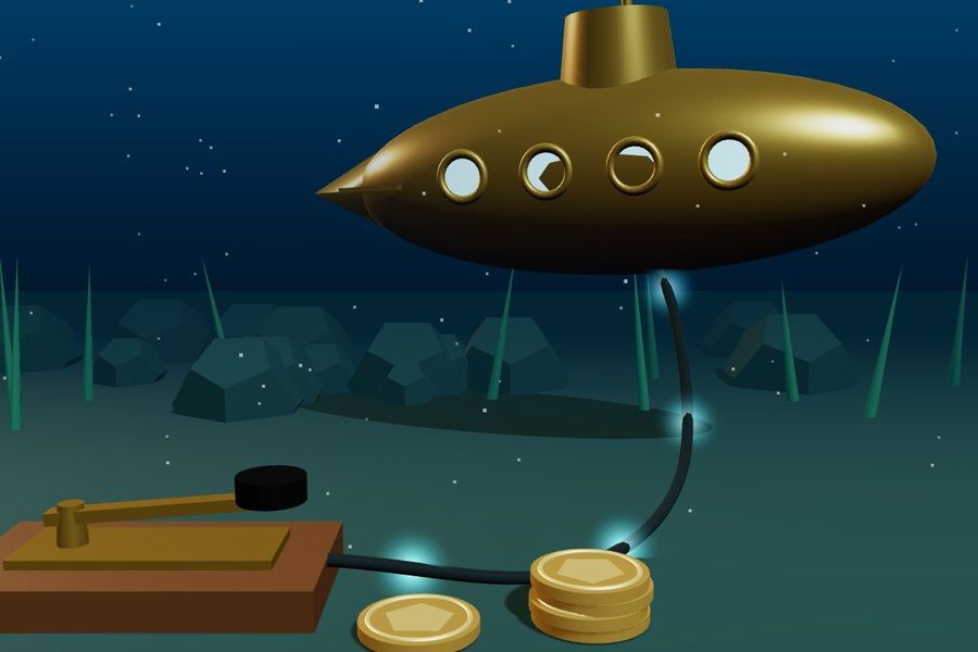 3D brass submarine on the sea floor connected to a telegraph key