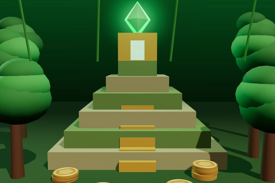 3D jungle temple with golden stairs and a glowing emerald idol
