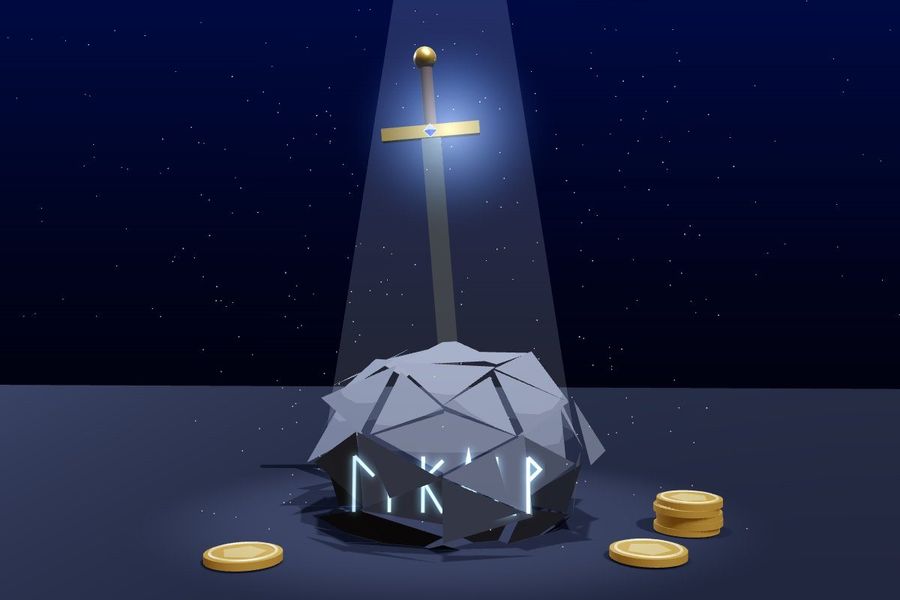 3D sword in a glowing rune stone under a beam of moonlight