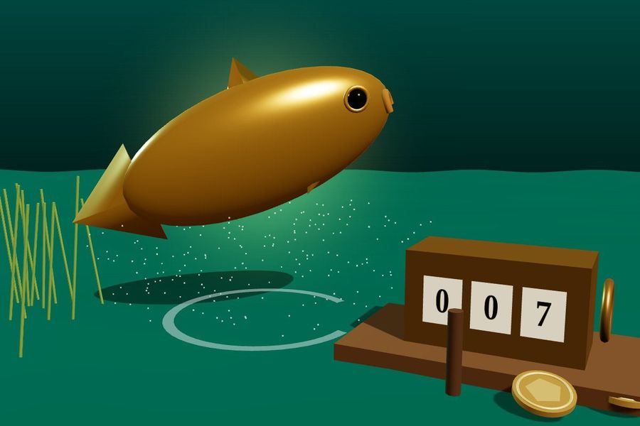 3D golden bass leaping from a lake next to a brass counter