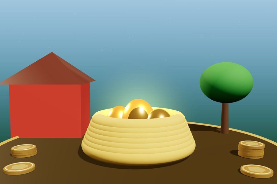 3D straw nest with golden eggs next to a red barn