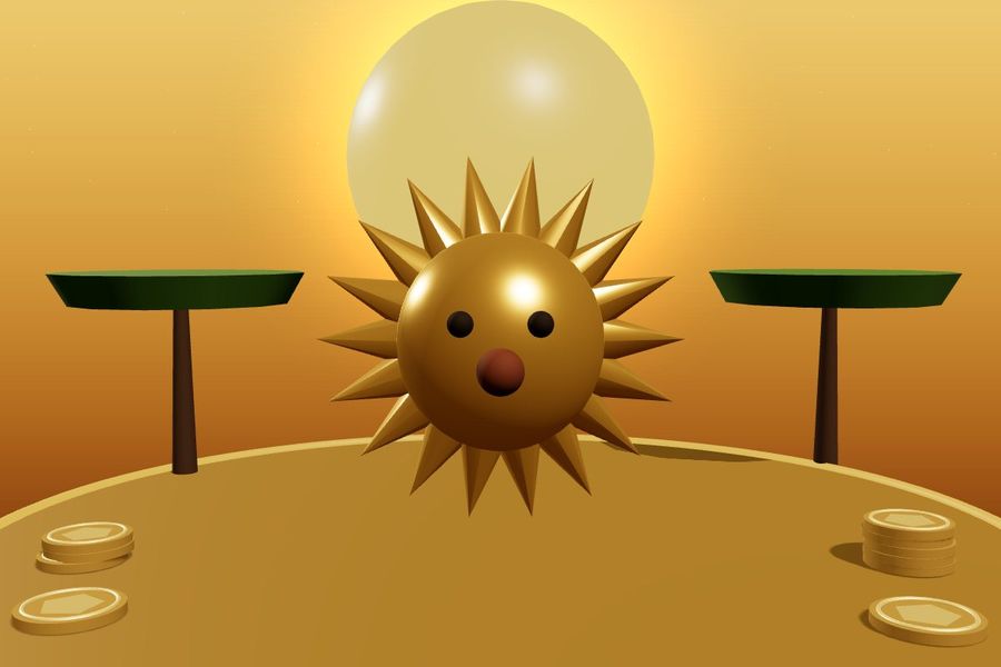 3D golden lion head with acacia trees at sunset