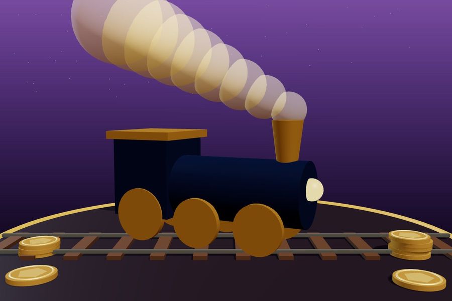 3D steam locomotive on rails with golden smoke