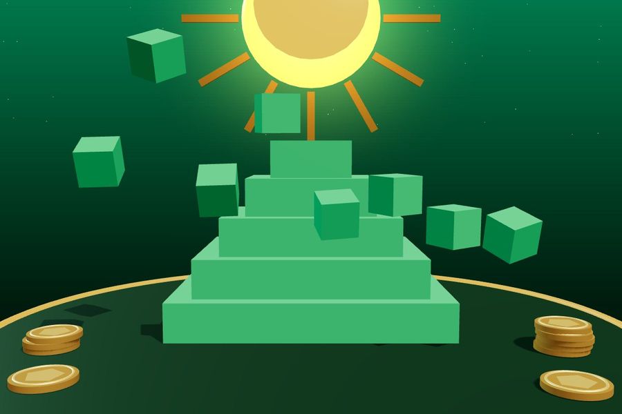 3D jade stepped pyramid with a golden sun and falling jade blocks