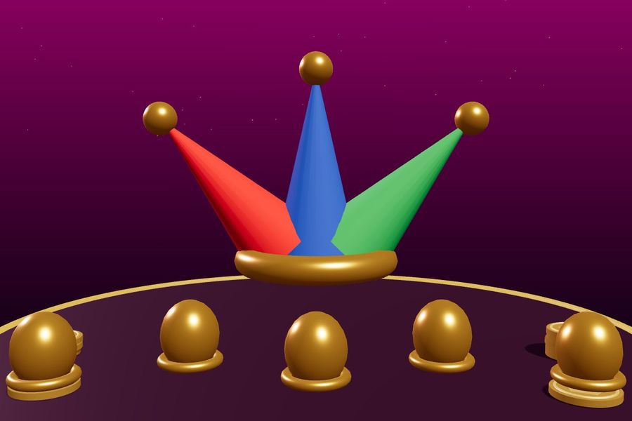 3D jester hat in red, blue and green with gold bells