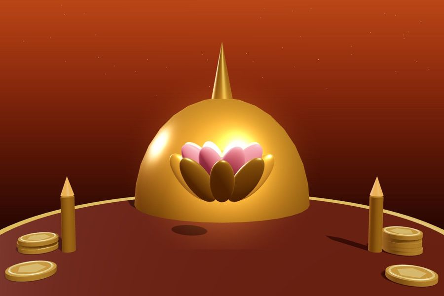 3D brass and pink lotus flower in front of a golden dome