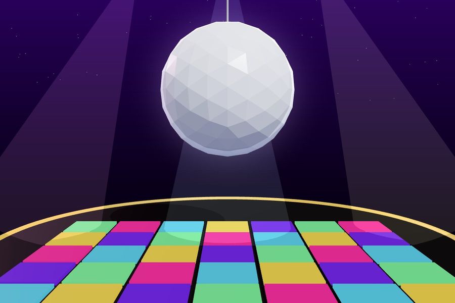 3D mirrorball above a colourful disco floor