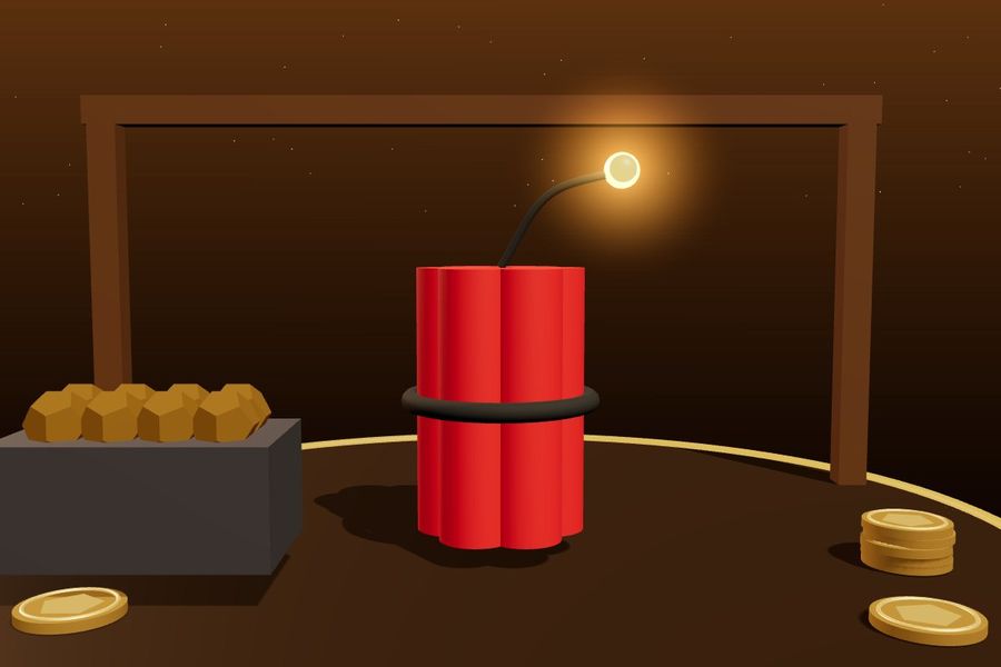 3D bundle of red dynamite next to a cart of gold nuggets