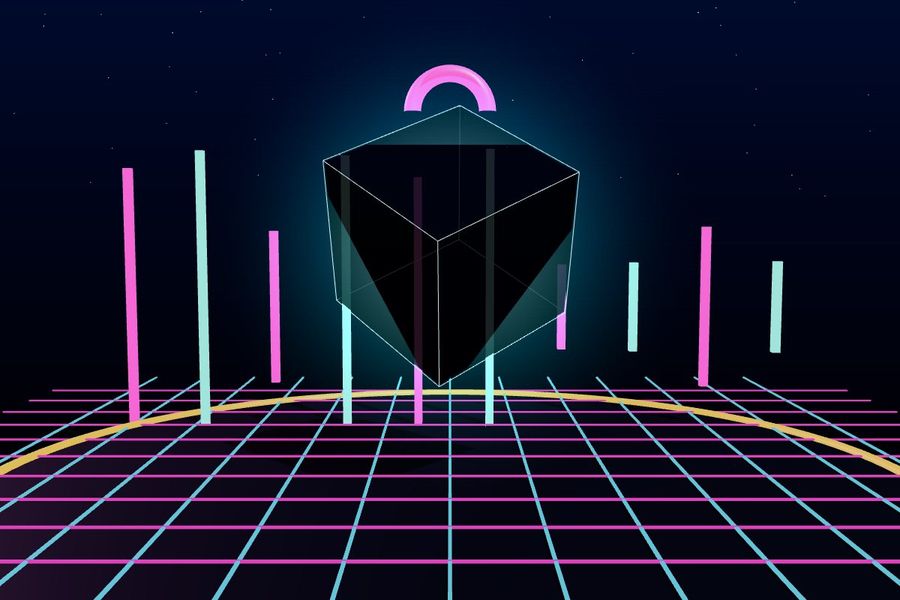 3D glass cube with neon edges above a glowing grid
