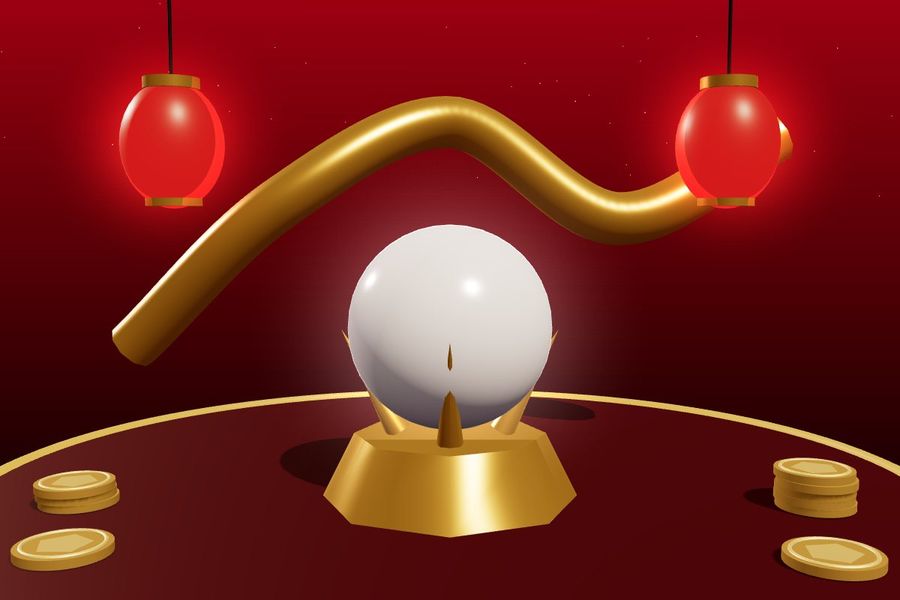 3D pearl on a golden stand with red lanterns and a golden dragon