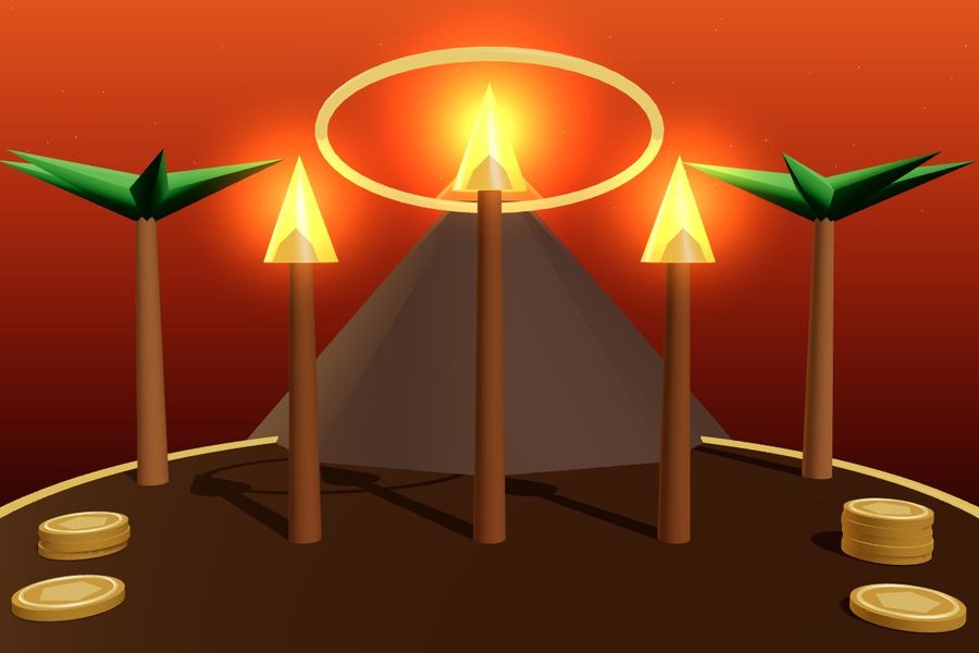 3D tiki torches with flames in front of a volcano