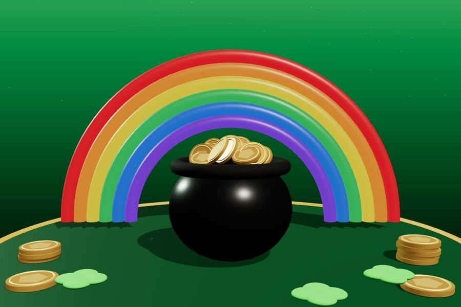3D pot of gold under a rainbow with clovers