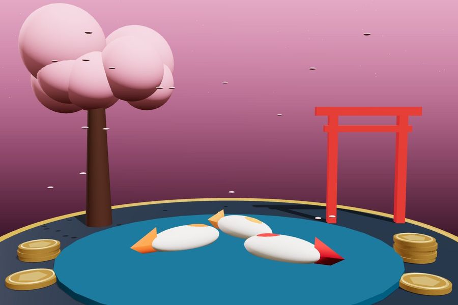 3D koi pond with cherry blossom tree and torii gate