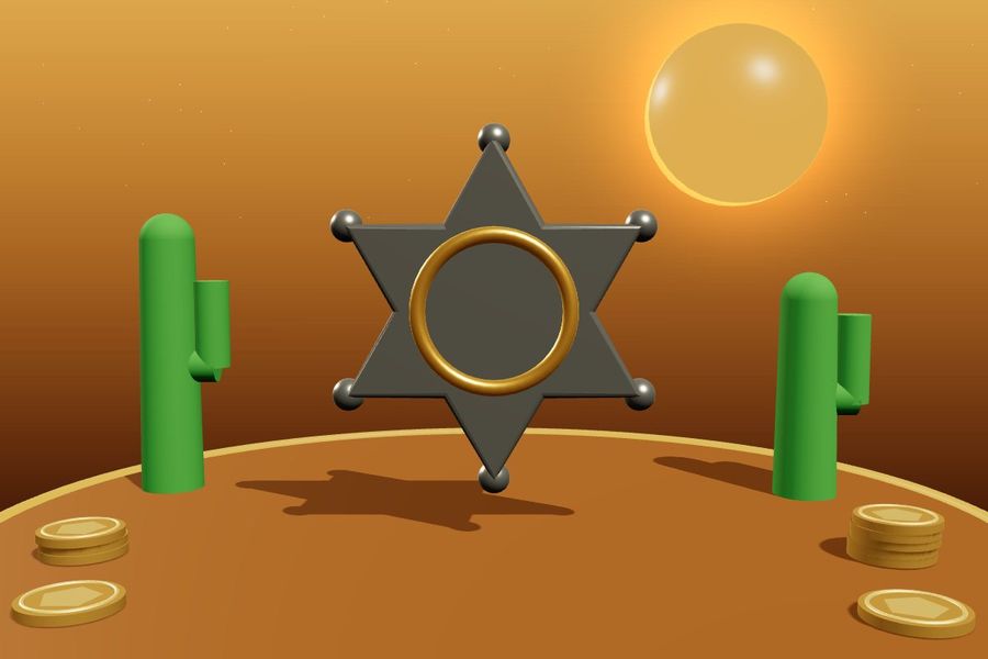 3D silver sheriff star badge with cacti in the desert
