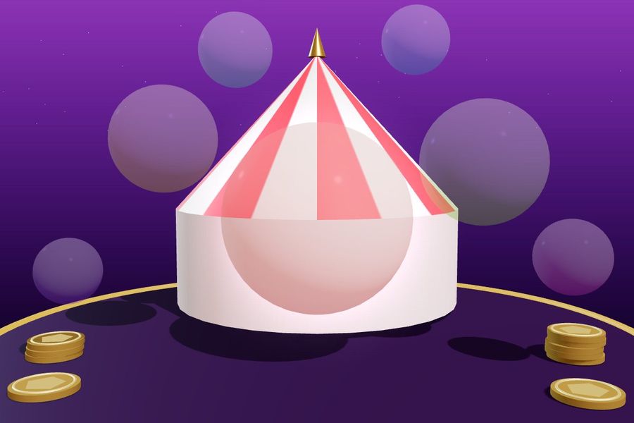 3D striped carnival tent surrounded by soap bubbles