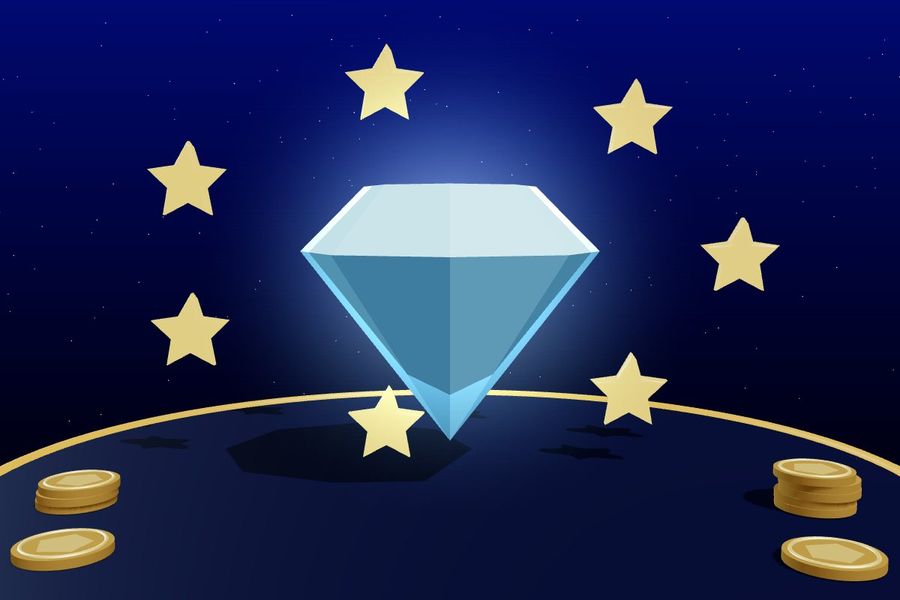3D blue diamond inside a ring of gold stars