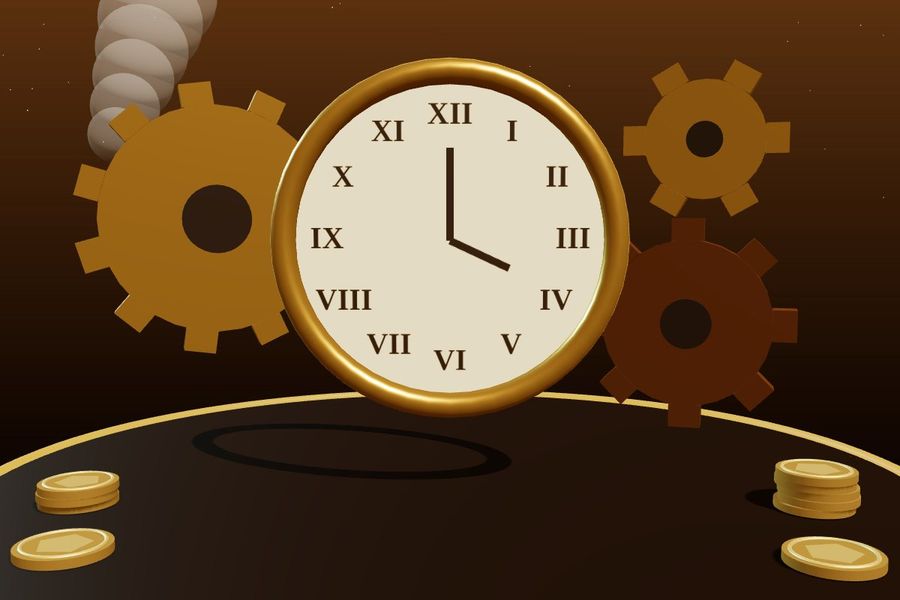 3D clock face surrounded by brass and copper gears