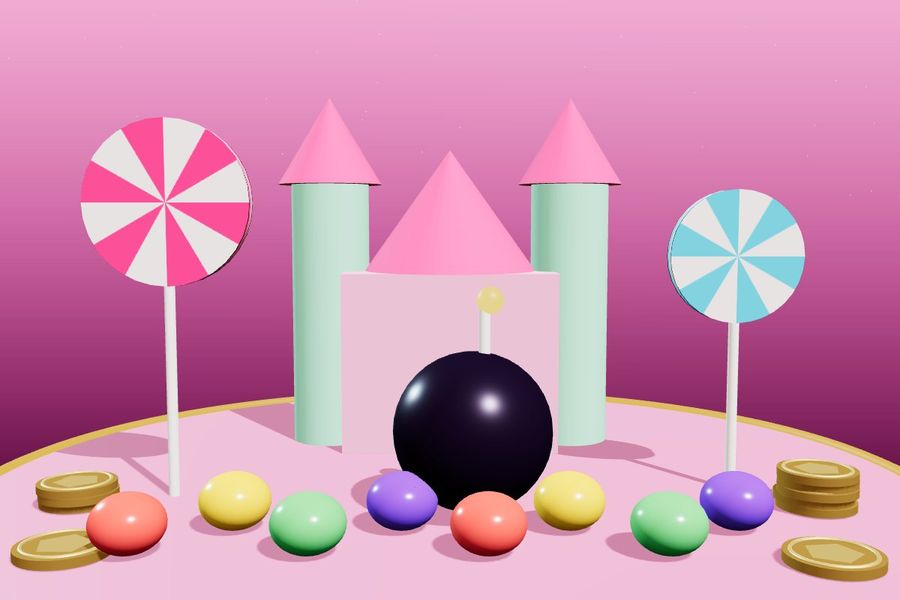 3D candy castle with lollipops, sweets and a bomb