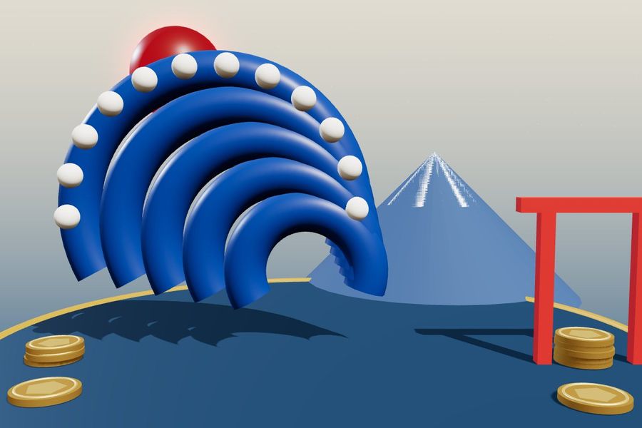 3D great wave in front of Mount Fuji and a torii gate