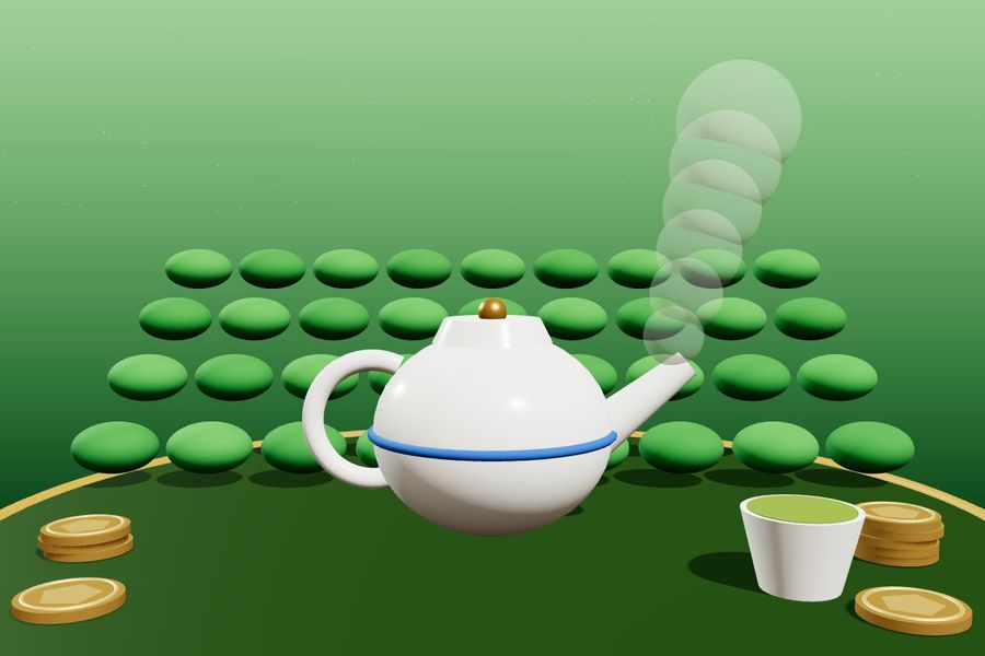 3D porcelain teapot in front of terraced tea bushes