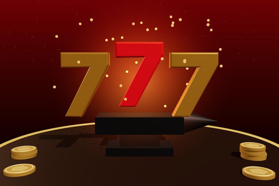 3D three sevens in gold and red above an anvil with sparks
