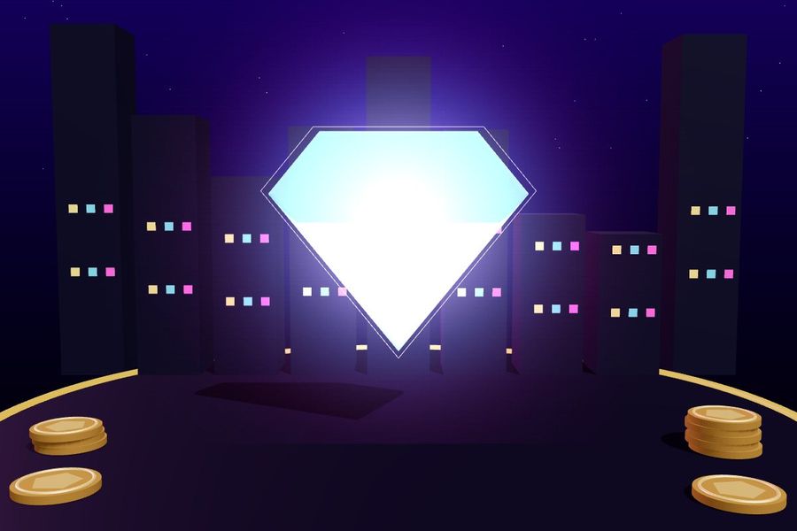 3D neon diamond sign in front of a city skyline at night