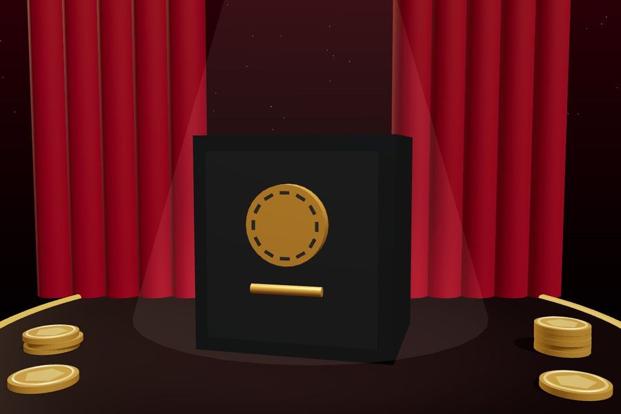 3D steel safe with gold dial under a spotlight and red curtains