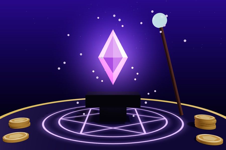 3D violet crystal above an anvil in a glowing rune circle