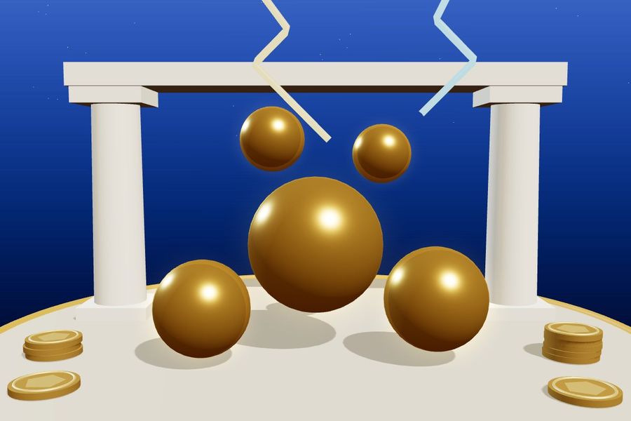 3D golden orbs between marble columns with lightning