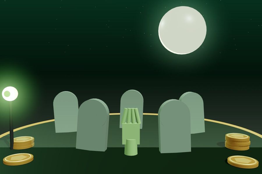 3D moonlit graveyard with tombstones and a zombie hand