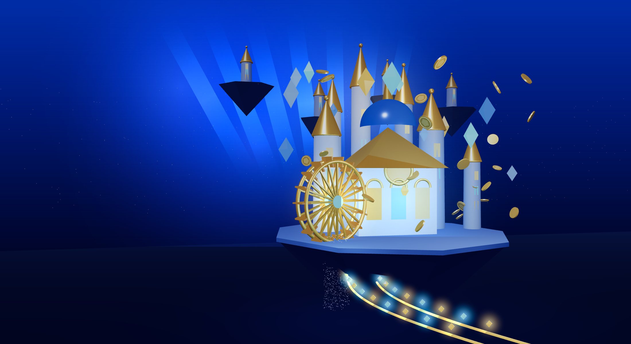3D fantasy watermill palace with gold towers