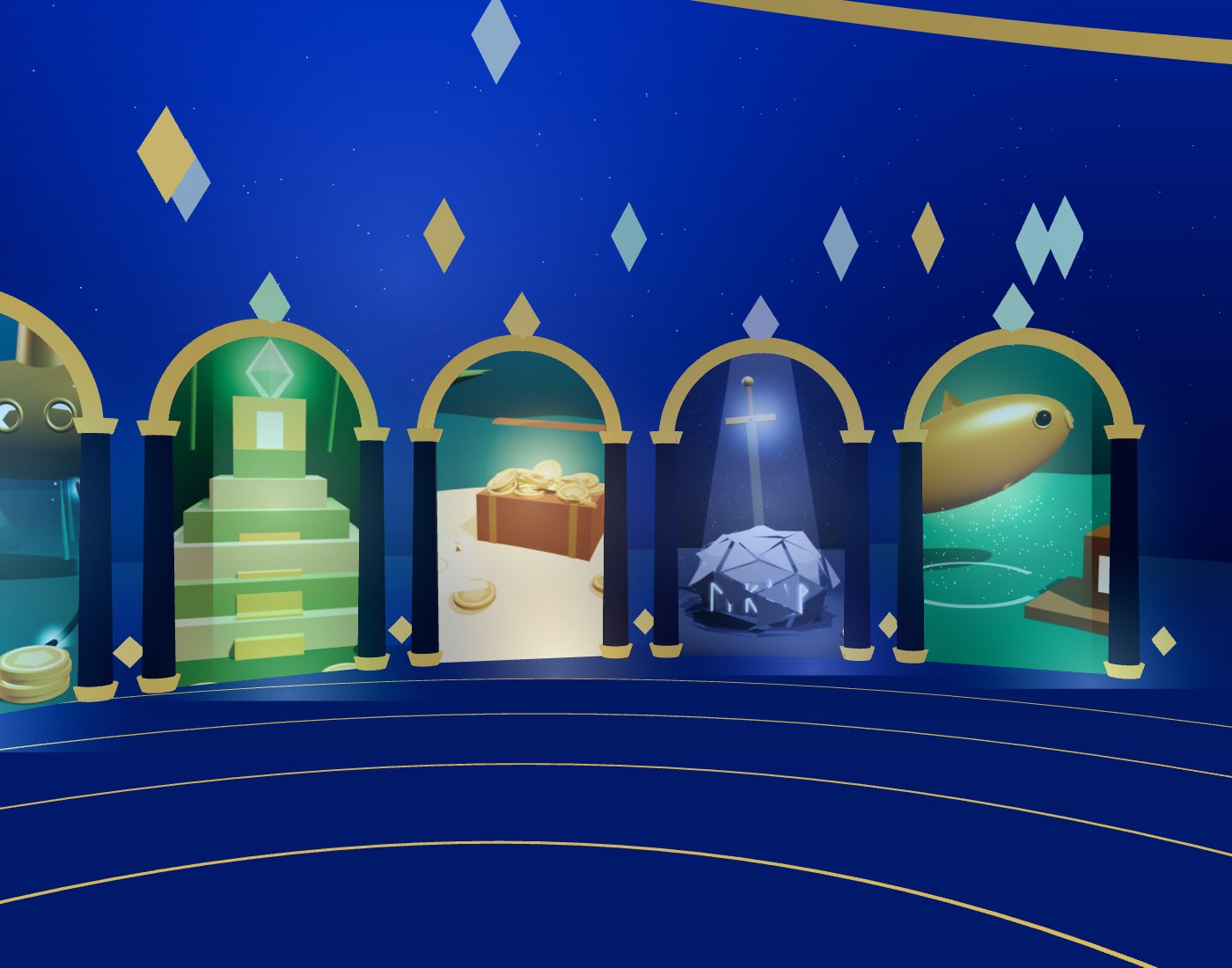 3D hall of glowing arched game portals