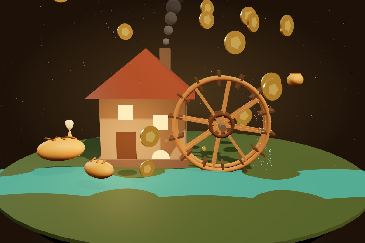 3D watermill bakery with turning wheel